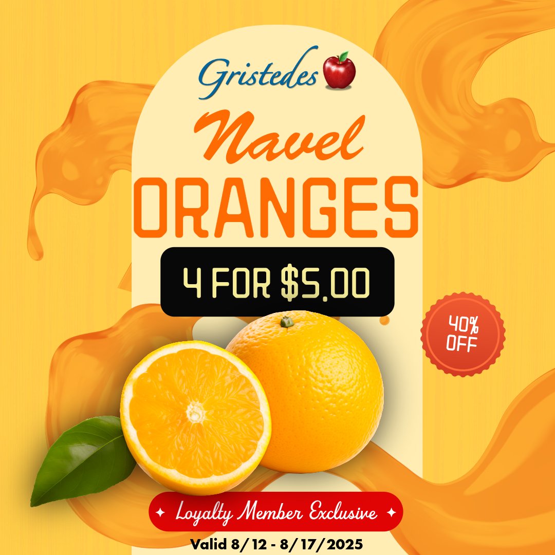 Squeeze the day! 🍊 Get your Vitamin C fix with our juicy navel oranges.

For a limited time, loyalty members can get 4 navel oranges for just $5.

Don't miss out on this exclusive deal!

🗓️ Valid: 8/12 - 8/17/2025
*Must be a loyalty member to redeem.
