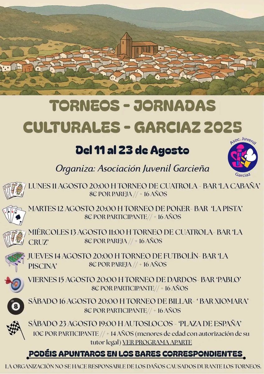 11-23/08. Torneos - Jornadas Culturales Garciaz 2025 <a href="/SIEMPREGARCIAZ/">GARCIAZ</a> <a href="/turisvilluercas/">Turismo Villuercas</a> <a href="/Villuercasoeste/">Plataforma zona villuercas oeste</a> <a href="/DehesaVilluerca/">Dehesas y Villuercas Ecologistas en Acción</a> <a href="/adicomt/">ADICOMT</a> <a href="/Turismo_DipCC/">Turismo Provincia Cáceres</a> <a href="/DiputacionCC/">DiputacionCC</a> <a href="/Junta_Ex/">Junta de Extremadura</a> <a href="/extremadura_tur/">Extremadura Turismo</a> <a href="/LasTejoneras/">Las Tejoneras De Conquista</a> <a href="/Expueblos/">Extremadurapueblos</a> <a href="/extremeneria/">Extremeñería 💚🤍🖤</a> <a href="/caceresybadajoz/">Extremadura Digital®</a>