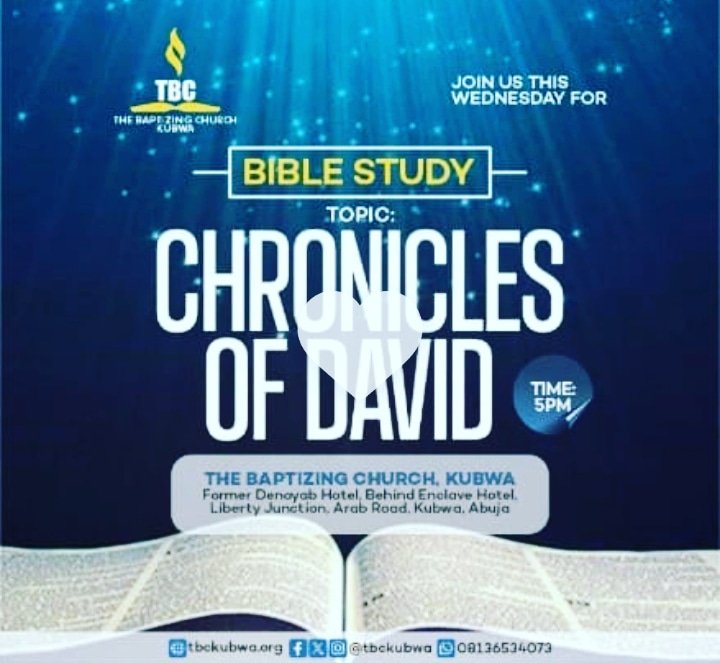 The Bible studies series on the Chronicles of David continues tomorrow.
Plan to be there!!
@ denoyab hotel Kubwa
6:30pm prompt.

#chroniclesofdavid 
#TBC_Kubwa 
#biblestudies
#midweekservice
#wordlove 
#rhema