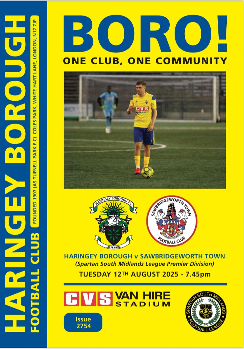 The programme for tonight’s <a href="/SSMFLOfficial/">Spartan South Midlands Football League Official</a> game between <a href="/HaringeyBoroFC/">Haringey Borough</a> and <a href="/SawboTownFC/">Sawbridgeworth Town FC</a> is at the link below.

haringeyboroughfc.net/wp-content/upl…

4th v 1st. Come on Boro!!

🔷Secretary’s musings

🔷Round up of all our teams

🔷Junior Boro feature

#WeAreHaringey 💛💙