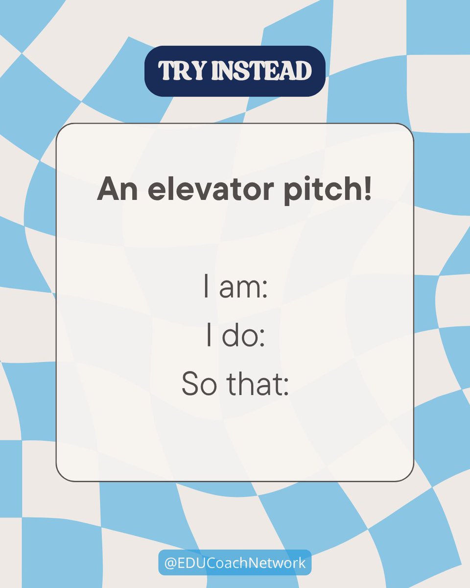 EDUCoachNetwork's tweet photo. We’ve all been there—you're at a faculty meeting or a district PD session, and you’re asked to introduce yourself. Your mind goes blank. What’s a good way to describe what you do without getting long-winded or awkward?

Try this "I am, I do, So that" model for a simple, effective way to introduce yourself as an instructional coach!

I am an instructional coach.
I partner with teachers to help them achieve their goals in the classroom.
So that students feel more engaged and confident, and teachers feel supported and less stressed.

Share yours below!

#EDUCoachNetwork #educoach #instructionalcoaching #edcoach