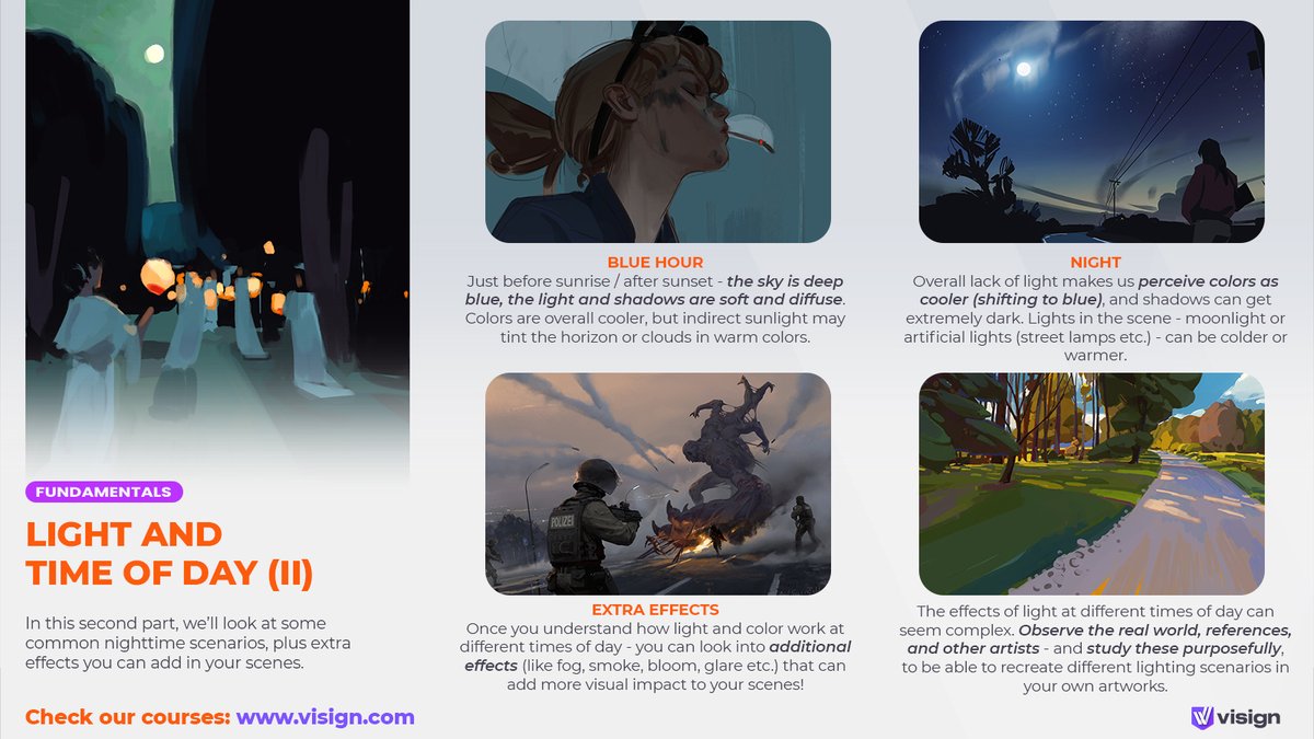 For nighttime 🌜remember two things: cool + dark! And once you’ve covered time of day – try adding extra effects for your scenes to come to life.
Check out “Learning from References: Light” – a short course made to help you gain confidence in painting lighting scenarios: