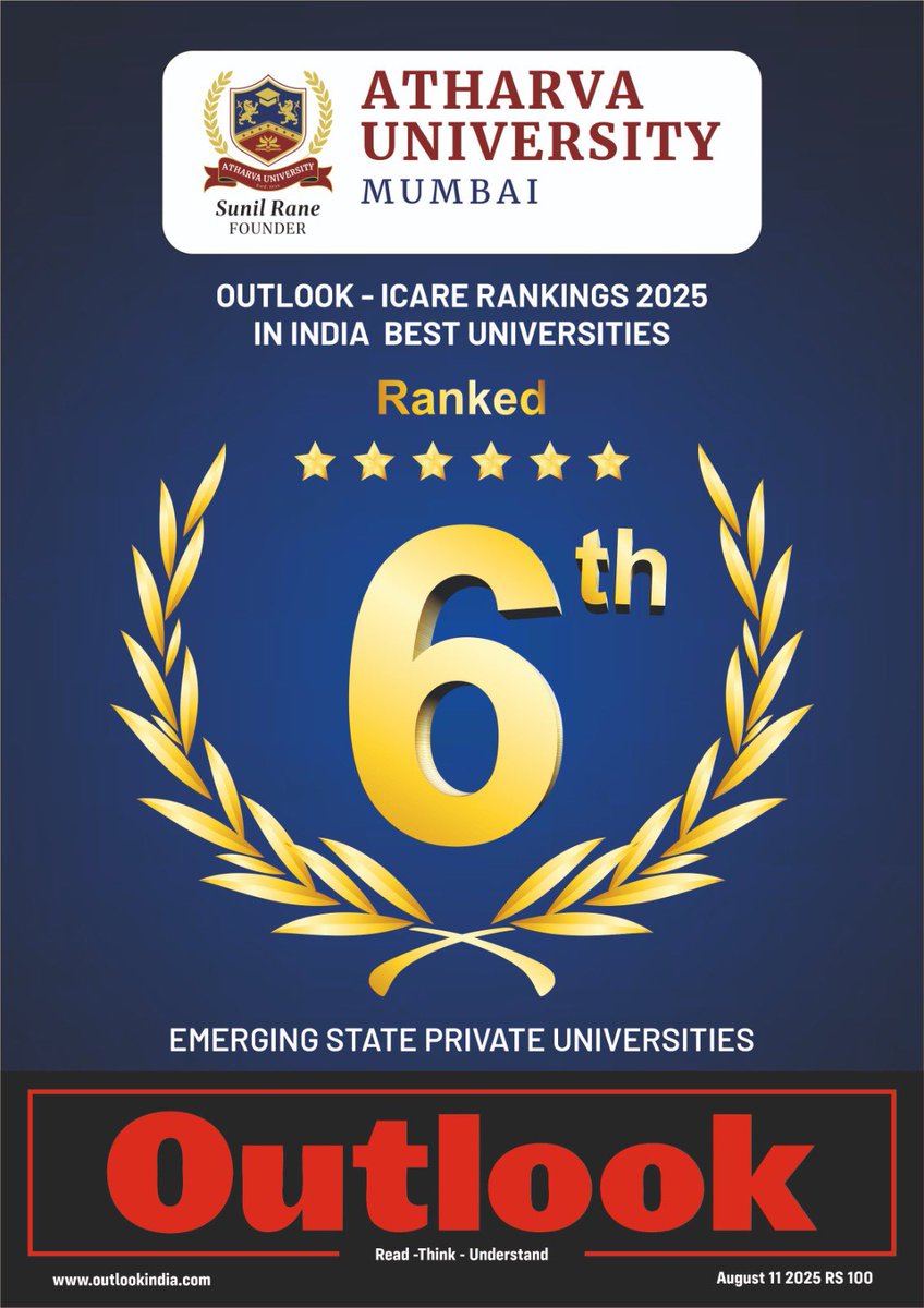 Uni_atharva's tweet photo. Proud Moment! Atharva University, Mumbai ranked 6th among Emerging State Private Universities in Outlook-ICARE Rankings 2025!🎖️

Don’t just dream of success — build it here!

#AtharvaUniversity #AdmissionsOpen2025 #LeadTheChange https://t.co/vzB0xgH8pn
