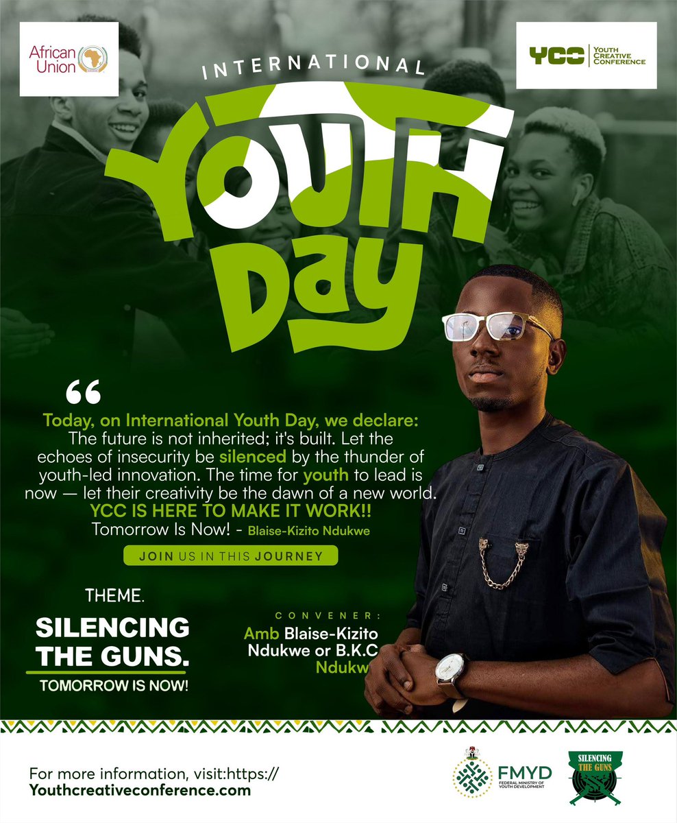 Today 🔥#InternationalYouthDay, we choose action! 🚀
The future is not inherited — it’s built. Together, we silence the guns, amplify creativity, and shape the world we want. 🌍
#YouthDay #SilencingTheGuns #YCC #TomorrowIsNow