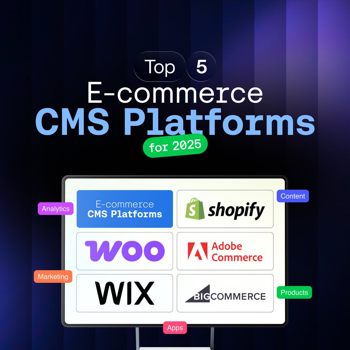 𝐓𝐨𝐩 𝟓 𝐞-𝐜𝐨𝐦𝐦𝐞𝐫𝐜𝐞 𝐂𝐌𝐒 𝐏𝐥𝐚𝐭𝐟𝐨𝐫𝐦𝐬 ↓

Over the last few years, e-commerce has risen from being a “side option” to the main stage for businesses worldwide. And choosing the right CMS can be the difference between a store that becomes successful and one that