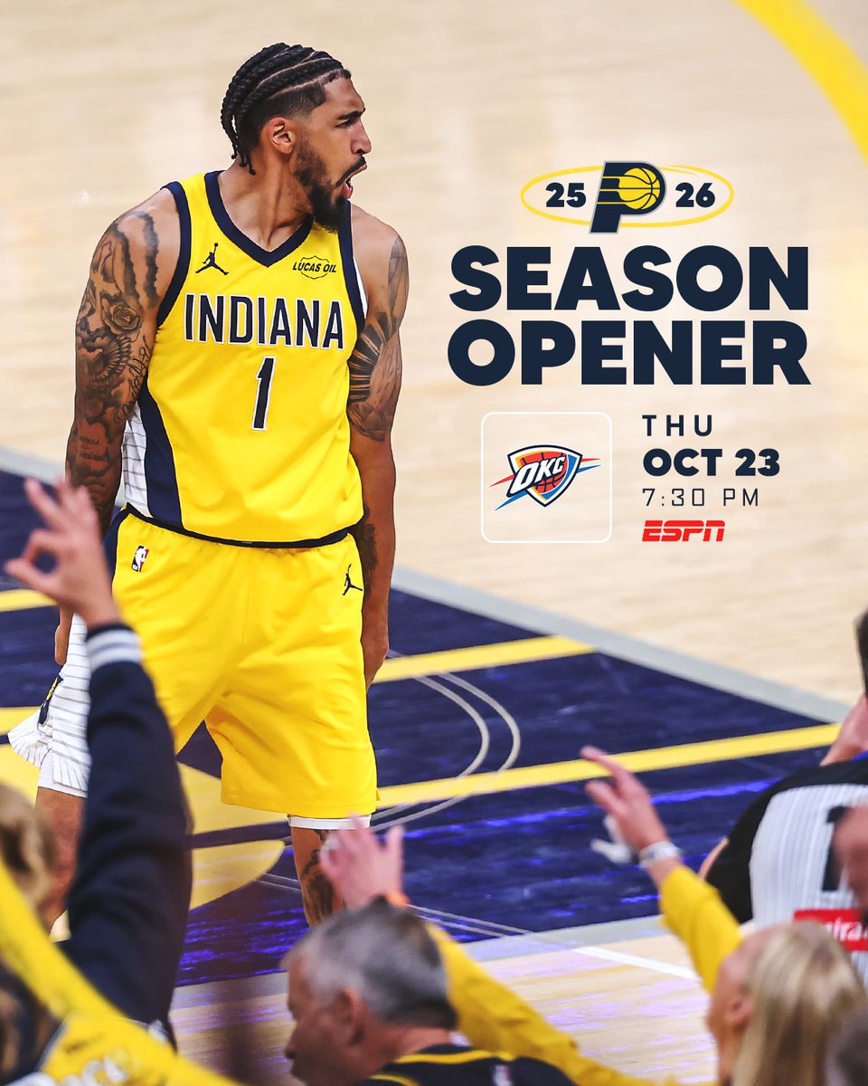 Indiana Pacers (@pacers) on Twitter photo our season opener is locked in π
we take on the Thunder on October 23 on <a href="/espn/">ESPN</a> at <a href="/GainbridgeFH/">Gainbridge Fieldhouse</a>.
learn more: buff.ly/QEMVmaT our season opener is locked in π
we take on the Thunder on October 23 on <a href="/espn/">ESPN</a> at <a href="/GainbridgeFH/">Gainbridge Fieldhouse</a>.
learn more: buff.ly/QEMVmaT