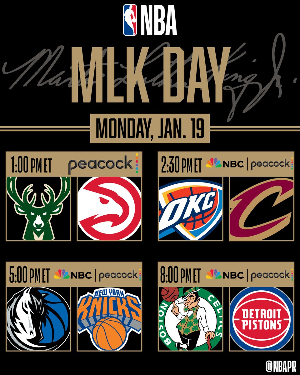 NBC Sports will present four games on Martin Luther King Jr. Day (Monday, Jan. 19).