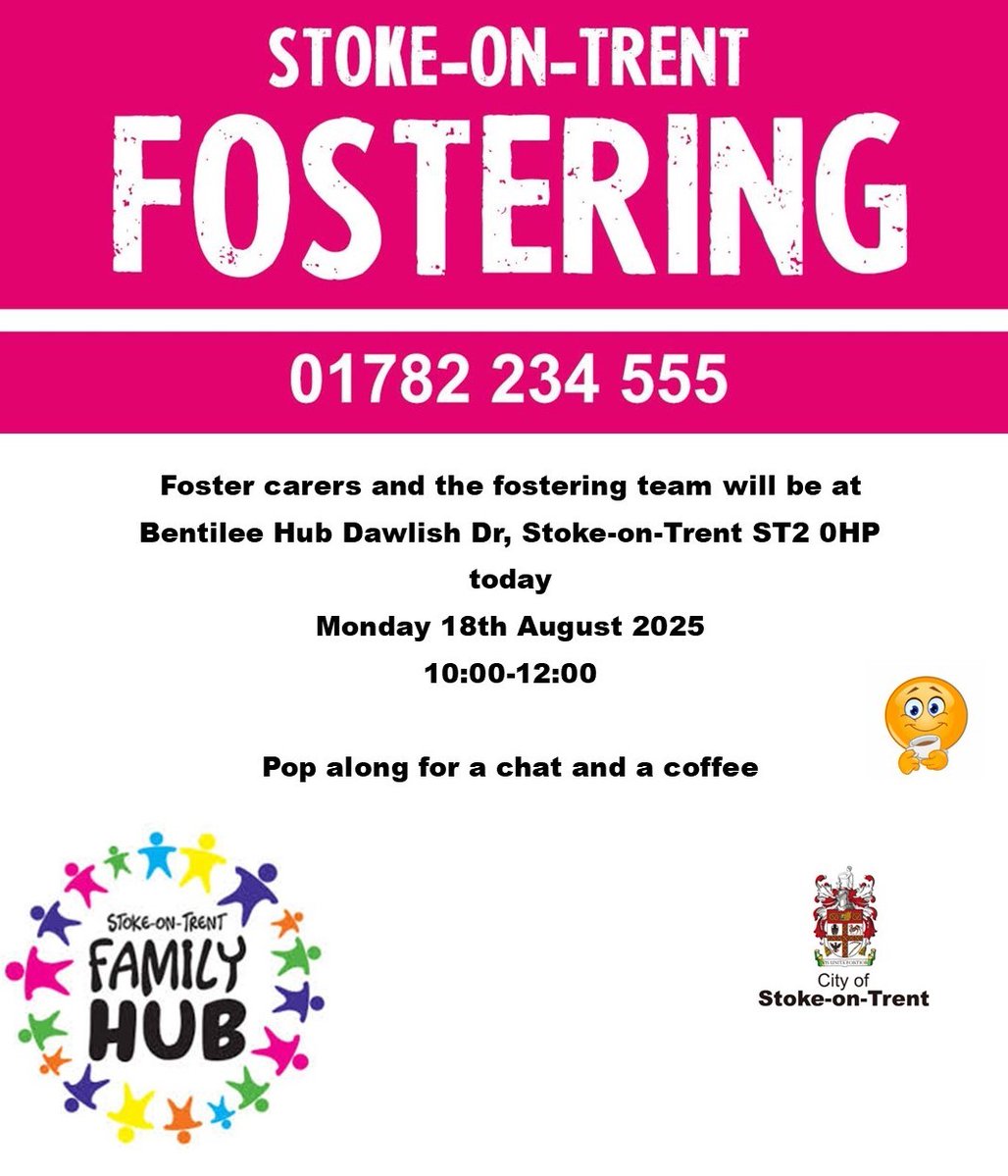 Stoke Fostering (@stokefostering) on Twitter photo What is fostering, do you have a question you want answered, why not come along today and chat with foster carers while enjoying a coffee β
β 01782 234555
π fostering@stoke.gov.uk
#foster4stokeβ€ #fosteringfamilyβ€οΈ What is fostering, do you have a question you want answered, why not come along today and chat with foster carers while enjoying a coffee β
β 01782 234555
π fostering@stoke.gov.uk
#foster4stokeβ€ #fosteringfamilyβ€οΈ