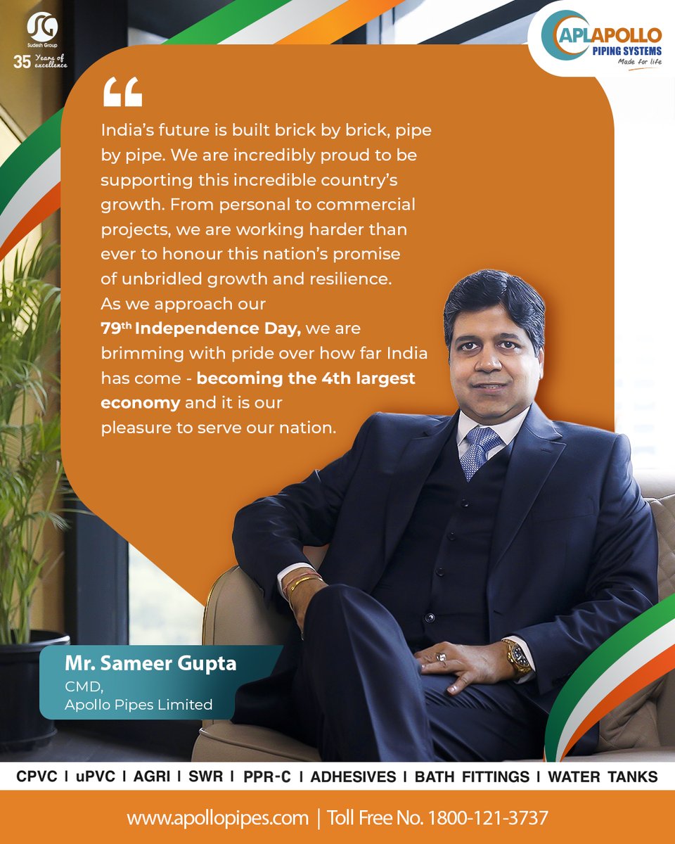 Hear the thoughts of our CMD Mr.Sameer Gupta as the our nation approaches the 79th Independence Day, marking yet another milestone in our journey of growth!

#ManagementQuote #ManagementSpeaks #APLApollo #ApolloPipes #NeverCracksUnderPressure  #MadeForLife