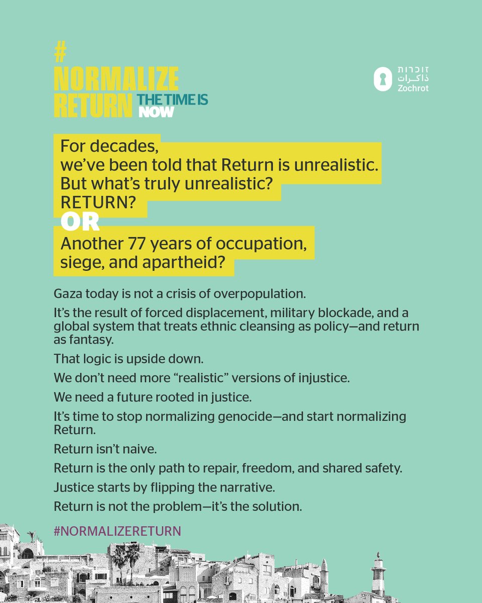 They call Return “unrealistic.”
What’s truly unrealistic?
77 more years of expulsion, siege &amp; apartheied.
Palestinians don’t need "relocation". They have a home—&amp; #right to go back.
Return isn’t a threat. It’s justice. It’s repair. It’s the only future.
#NoramlizeReturn #Gaza