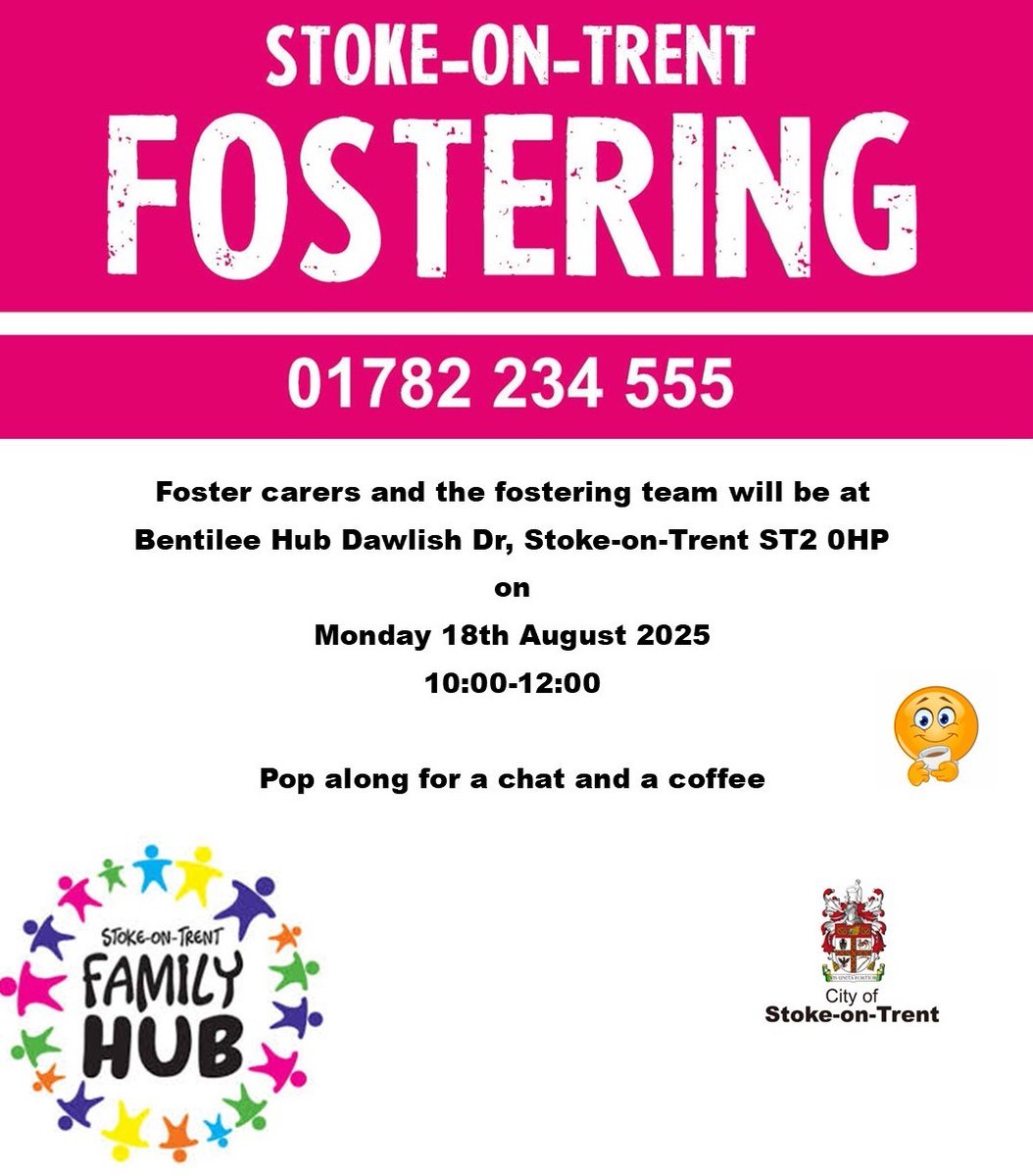 Stoke Fostering (@stokefostering) on Twitter photo What is fostering, do you have a question you want answered, why not come along on Monday and chat with foster carers while enjoying a coffee β
β 01782 234555
π fostering@stoke.gov.uk
#foster4stokeβ€ #fosteringfamilyβ€οΈ What is fostering, do you have a question you want answered, why not come along on Monday and chat with foster carers while enjoying a coffee β
β 01782 234555
π fostering@stoke.gov.uk
#foster4stokeβ€ #fosteringfamilyβ€οΈ