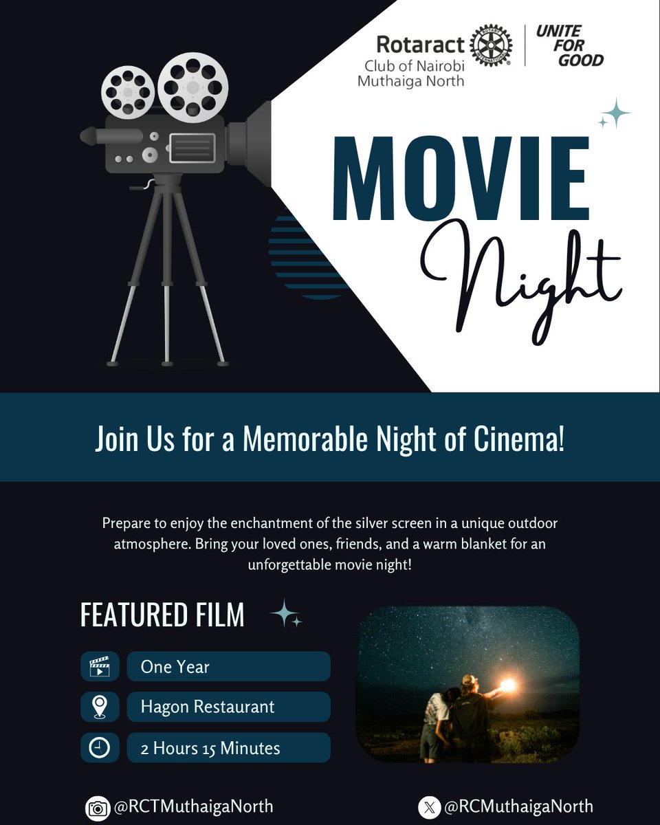 🎬✨Join us this evening for a movie night under the stars!
Good vibes, great company, and the magic of the big screen🌌🍿

🎥 One Year
🗓 Tue, August 12
🕖 7pm - 10 pm
📍 Hagon Restaurant, Garden Estate Road

#RotaractMuthaigaNorth #MovieNight #RotaractKenya #UniteForGood