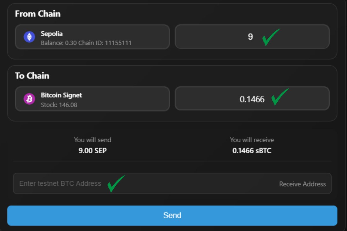 Step 2 → Sepolia to sBTC → Go to faucet [dot] wiki/bridge → Select Sepolia  to Bitcoin Signet → Enter your sBTC address I waited for confirmation of  the transfer for about 20 minutes 🧵