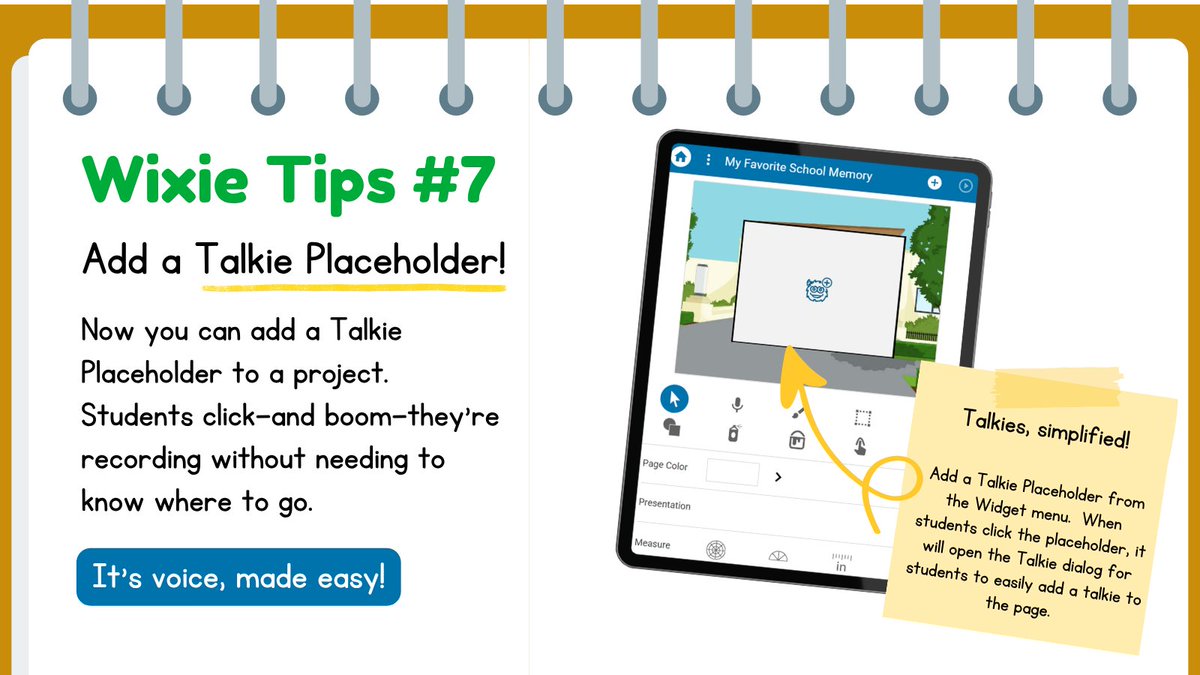 Wixie_T4L's tweet image. 🎤 New in Wixie: Talkies, simplified!

Now you can add a Talkie Placeholder to a project.
Students click—and boom—they&apos;re recording without needing to know where to go.

It’s voice, made easy.

wixie.com/blog?id=6090

🗣️ #Wixie #StudentVoice #EdTechSimplified