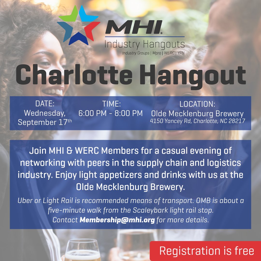 Get ready for another MHI Industry Hangout! MHI and WERC members are invited to join us on Wednesday, September 17, from 6-8 PM at Charlotte’s Olde Mecklenburg Brewery. This free event is a great opportunity to connect with fellow supply chain professionals, enjoy local brews,