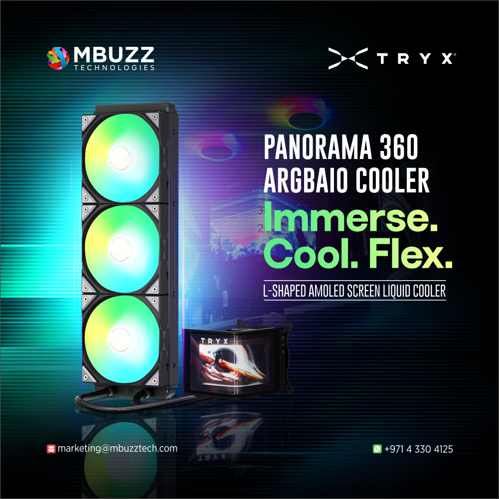 🚀 TRYX PANORAMA 360
Cooler? Yes. Showstopper? Absolutely.

6.5" curved AMOLED, ARGB fans, ASETEK Gen 8 pump — built for rig domination.

🎮 2K resolution | 🎥 Custom GIFs &amp; videos | 🧊 320W TDP cooling

Enquire Now
 zurl.co/zHO9

#TRYX #MBUZZ #LiquidCooling