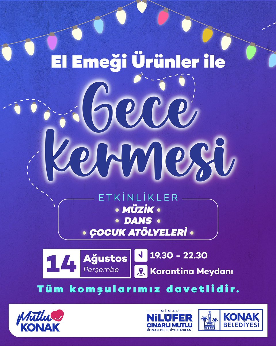 Konak'ta Gece Kermesi'nde buluşuyoruz 🌜🧶

Kadın emeğine destek olmaya devam ediyor, El Emeği Ürünler ile Gece Kermesi'mizde buluşuyoruz. Konaklı kadınların el emeği göz nuru ürünlerini sergileyecekleri kermesimiz, bu hafta da müzik, dans şovları ve çocuk atölyeleriyle