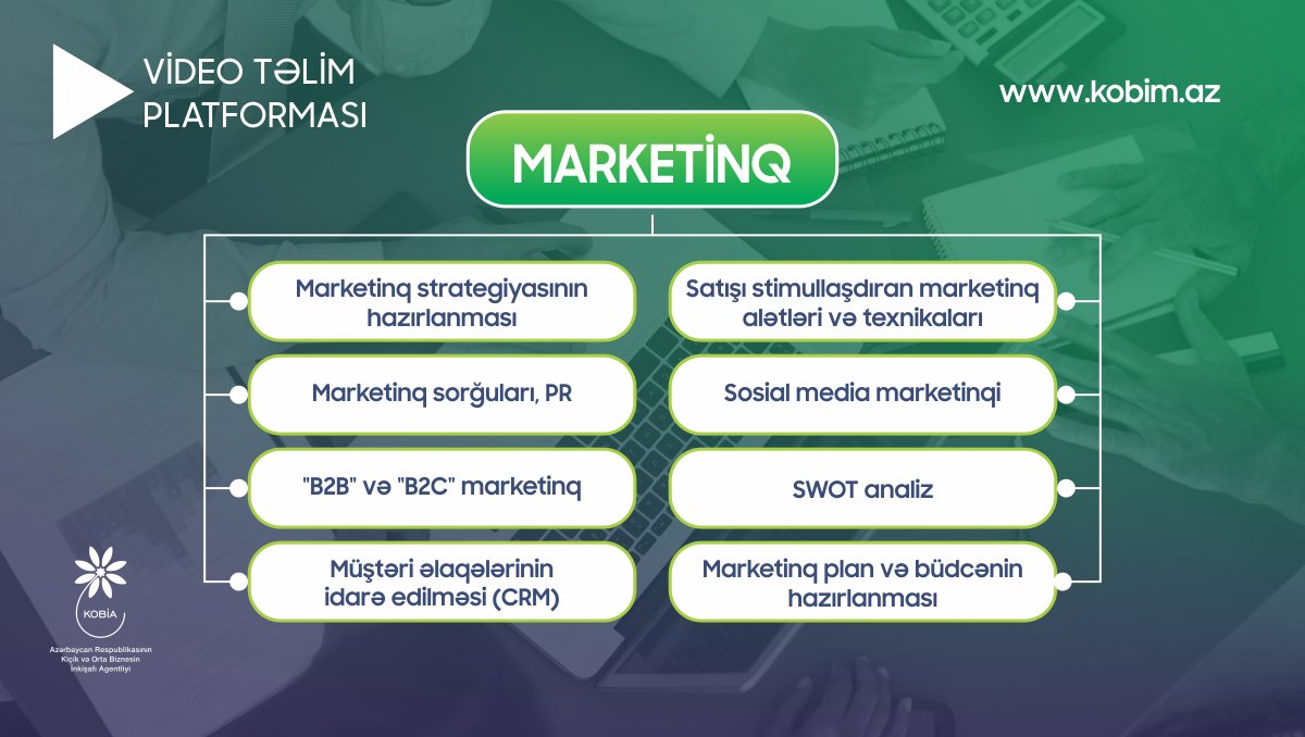 #Marketinq üzrə #biznes biliklərinə KOBİA-nın video təlim platforması vasitəsilə yiyələnin. Video təlimlərdən istifadə ödənişsizdir.

#KOBİA #Təlim #VideoTəlimPlatforması