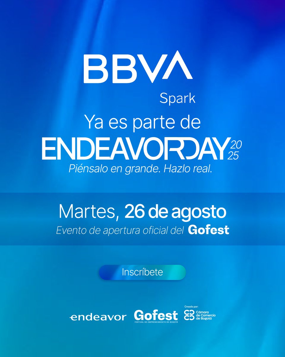 BBVA Spark (@bbvaspark) on Twitter photo Cuando un emprendedor crece, todo un país crece 🚀
Este 26/08, <a href="/BBVASpark/">BBVA Spark</a> se une a #EndeavorDay25 en Bogotá: +400 founders, C-Levels y speakers para inspirarte, conectar y escalar tu empresa.
📍Bogotá | Ágora
Inscríbete 👉 bbva.info/4fA3l4b
<a href="/EndeavorCol/">Endeavor Colombia</a> Cuando un emprendedor crece, todo un país crece 🚀
Este 26/08, <a href="/BBVASpark/">BBVA Spark</a> se une a #EndeavorDay25 en Bogotá: +400 founders, C-Levels y speakers para inspirarte, conectar y escalar tu empresa.
📍Bogotá | Ágora
Inscríbete 👉 bbva.info/4fA3l4b
<a href="/EndeavorCol/">Endeavor Colombia</a>
