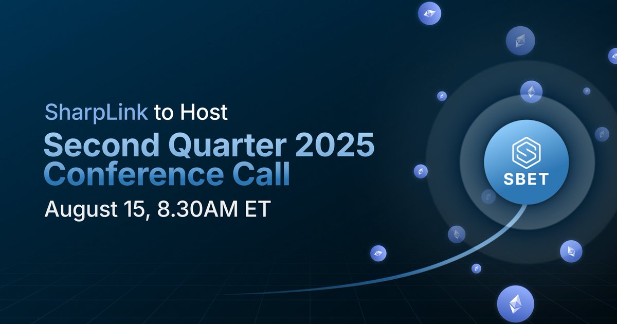 SharpLink's tweet image. COMING UP: SharpLink’s Q2 2025 earnings call and webcast will take place on August 15, at 8:30AM ET

The executive team will review the financial and operating results for the 3- and 6-month periods ended June 30, 2025, followed by a Q&amp;amp;A session

How you can tune in ⤵️