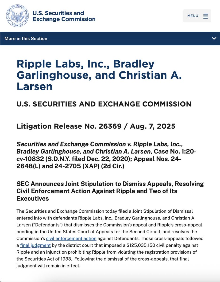 𝙉𝙀𝙒⚡️ 🇺🇸SEC、リップルとの裁判終結を発表