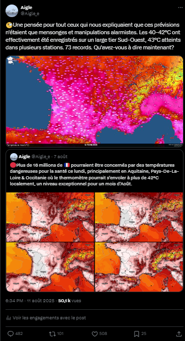 Aigle_e's tweet image. ‼️Après m'être pris un torrent de haine de la part de centaines de climatosceptiques, pour avoir parlé de la #canicule, en pleine nuit, l'algorithme de X a décidé de restreindre mon compte &amp;amp; sa visibilité. Cela ne me fera certainement pas taire. @kevinalves73100 @aallicheoff
