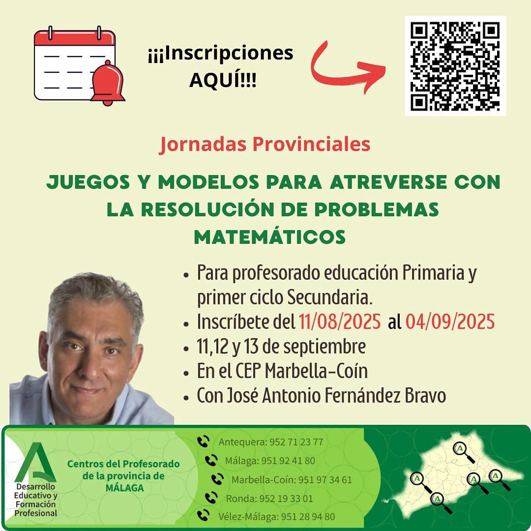 Hasta el próximo 4 de septiembre abierta inscripción a las jornadas provinciales “JUEGOS Y MODELOS PARA ATREVERSE CON LA RESOLUCIÓN DE PROBLEMAS MATEMÁTICOS”

📍En el CEP Marbella-Coín

👩‍💻Asesoría responsable: Laura Jiménez. Tlf 677905436

📎Inscripción: juntadeandalucia.es/educacion/secr…