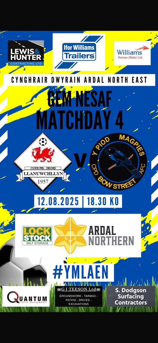 Gêm enfawr heno yn Cae Llan wrth i ni groesawu Bow Street FC

Diolch i Ceir Cymru am noddi y gêm.

Dewch draw i gefnogi - fydd hon yn gystadleuol!