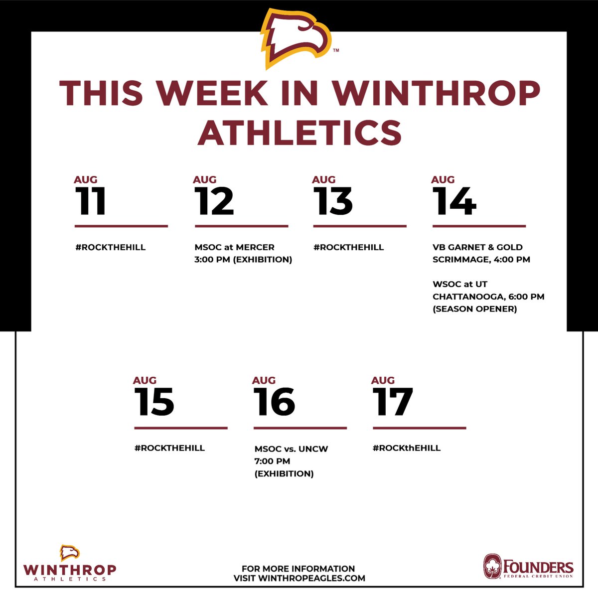 𝗧𝗵𝗲 𝗪𝗲𝗲𝗸 𝗔𝗵𝗲𝗮𝗱👀

➡️Regular season opens up for <a href="/WinthropWSoccer/">Winthrop Women's Soccer</a>  
➡️ <a href="/winthropvolley/">Winthrop Volleyball</a>  holds Garnet &amp; Gold scrimmage

#ROCKtheHILL