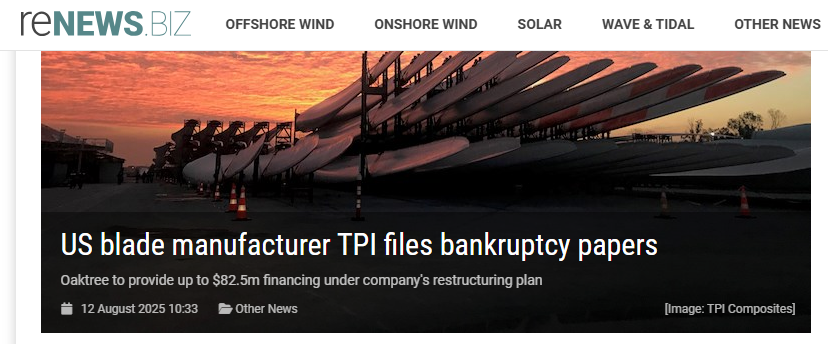 7Kiwi's tweet photo. The wind industry is falling apart. After Orsted's mammoth rights issue yesterday, now US turbine blade manufacturer TPI has filed for bankruptcy. It turns out wind power can't survive without massive subsidies. https://t.co/D7CYwyRrxs