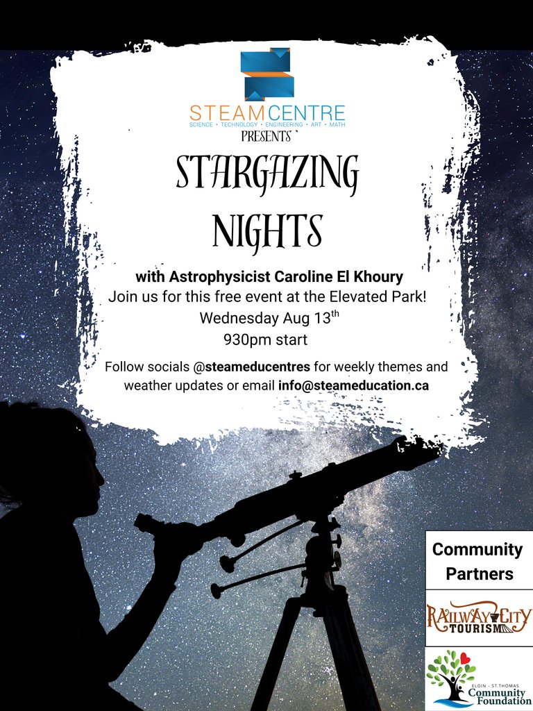 Join us this Wednesday for our last free Stargazing night of the season @elevatedpark. The theme this week is Perseid Meteors &amp; Sky Legends: A Stargazing Celebration. Starting at 930pm Astrophysicist Caroline El Khoury will share constellation stories.