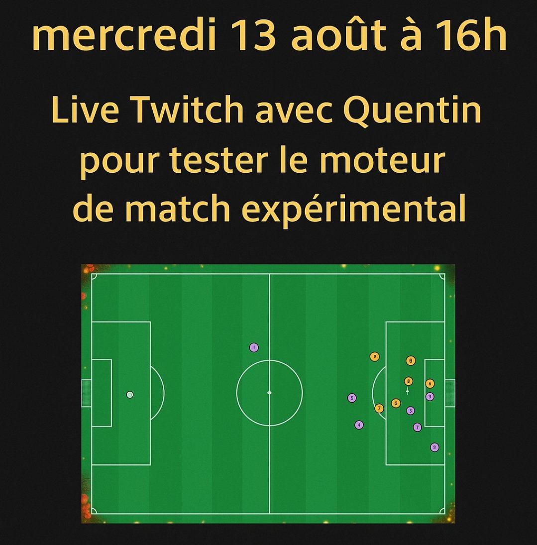 RDV sur Twitch demain à 16h pour tester l'engine expérimental en compagnie de Quentin !

L'occasion de lui faire des retours (et d'en apprendre un peu plus sur le moteur ? 👀) 

Viendez nombreux ! #MFL 

Twitch.tv/mflmanagerfr