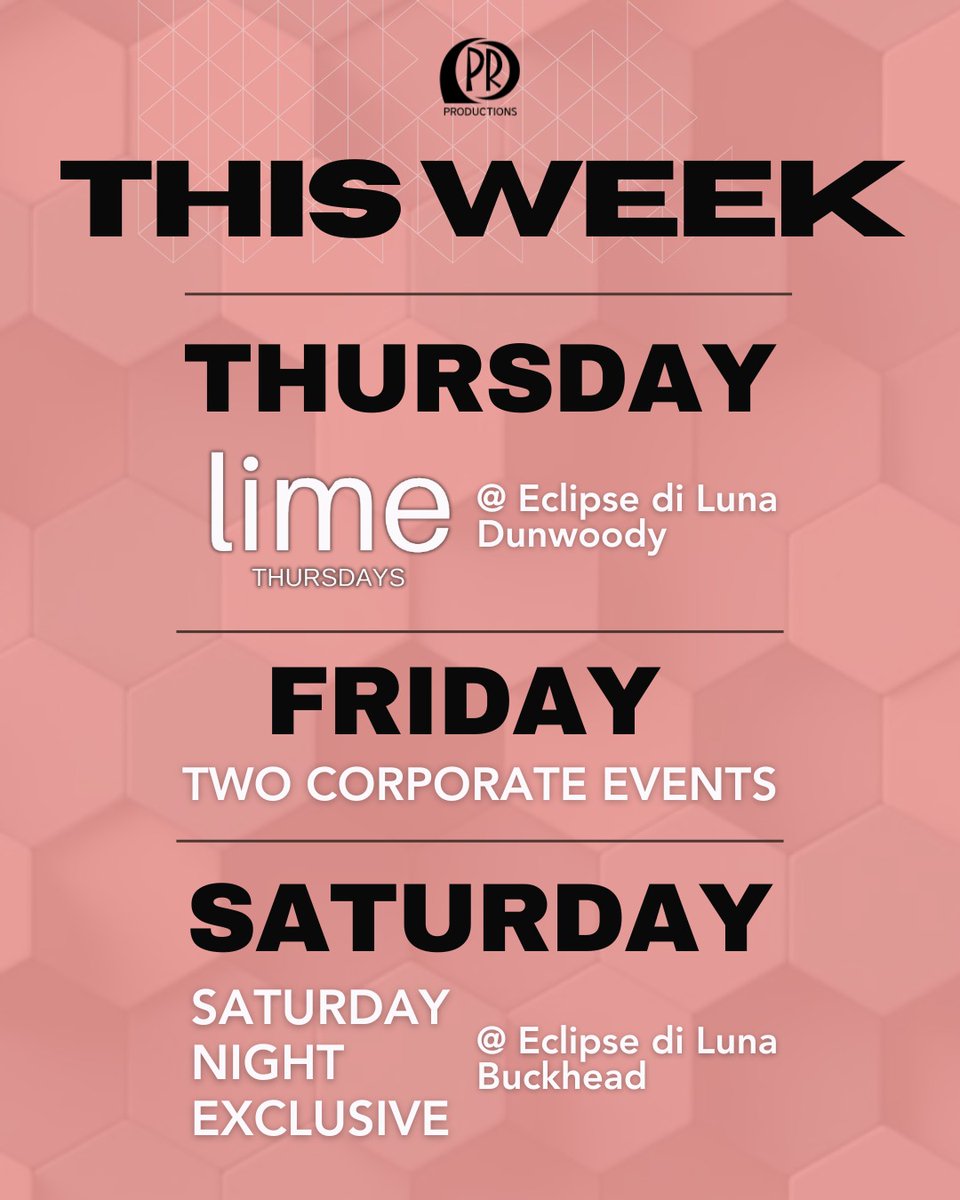 THIS WEEK in #Atlanta!
The Elite #International &amp; #Latin #Events
#Drinks #Music #Dance #Dj's

Hosted by @PRProd
PRProductions.net

#Thursday #Friday #Saturday #Free #Dance
#tapas #nightlife #AtlantaNight #atlnightlife #eclipsediluna #dunwoody #partyatlanta #corporateevents