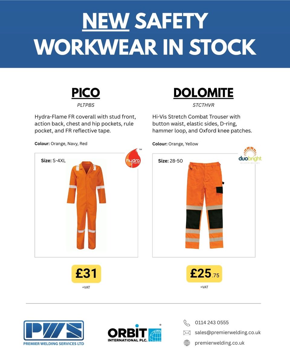 premweld's tweet photo. New Safety Workwear in Stock!

Featuring hi-vis, flame-resistant, and durable workwear from @OrbitIntPlc. Helping to keep your team safe and compliant.

Contact us today to order:
📞 0114 243 0555
✉️ sales@premierwelding.co.uk

#safetyworkwear #industrialworkwear #PPE https://t.co/pFFTPXA93U