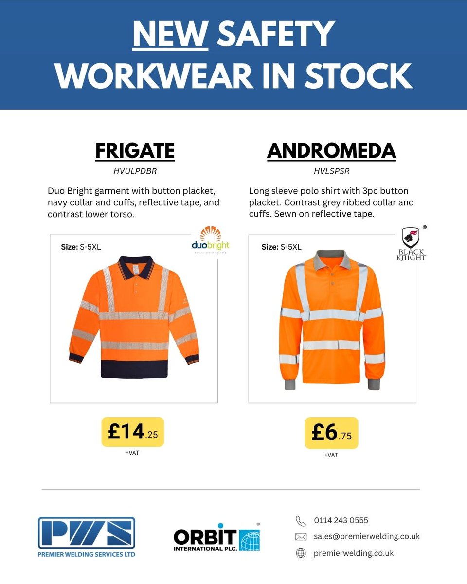 New Safety Workwear in Stock!

Featuring hi-vis, flame-resistant, and durable workwear from <a href="/OrbitIntPlc/">Orbit International</a>. Helping to keep your team safe and compliant.

Contact us today to order:
📞 0114 243 0555
✉️ sales@premierwelding.co.uk

#safetyworkwear #industrialworkwear #PPE
