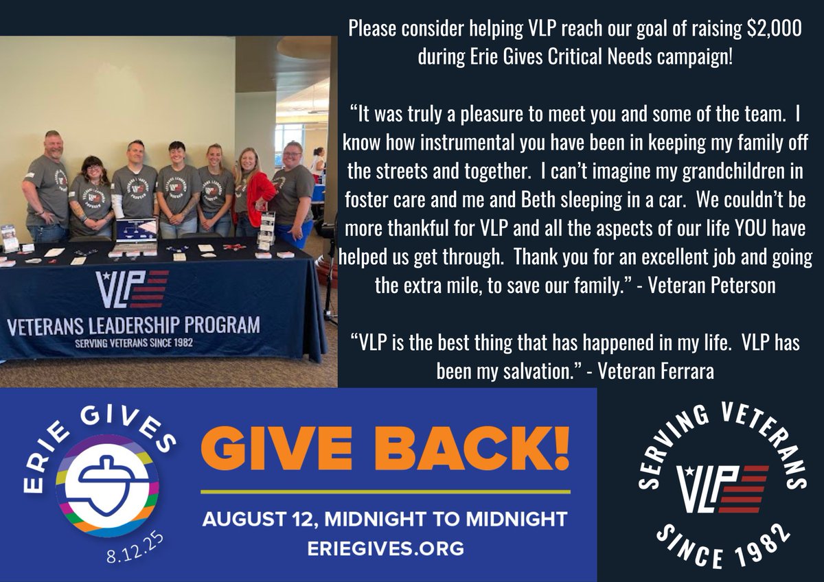 Erie Gives is officially here and we are asking for your help in meeting our goal of raising $2,000 for local Veterans!!

Click the link below to give back to those that have so proudly served our country!!

eriegives.org/organizations/…

We truly appreciate your generosity!!