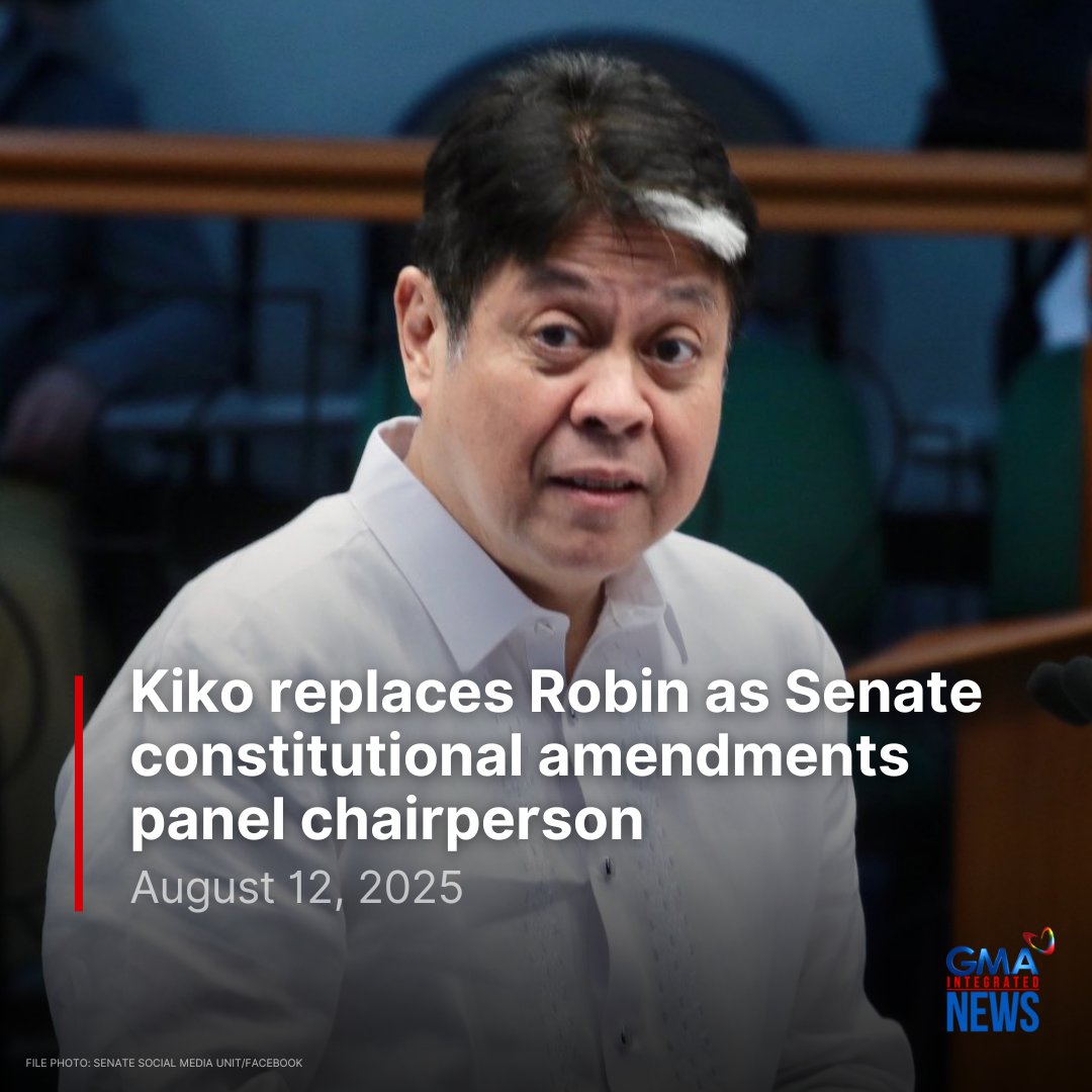 gmanews's tweet photo. Senator Francis “Kiko” Pangilinan on Tuesday formally replaced Senator Robin Padilla as chairperson of the Senate Committee on Constitutional Amendments and Revision of Codes. 

Read the full story: https://t.co/Exscc79VI3 https://t.co/i4u2cM6xfS