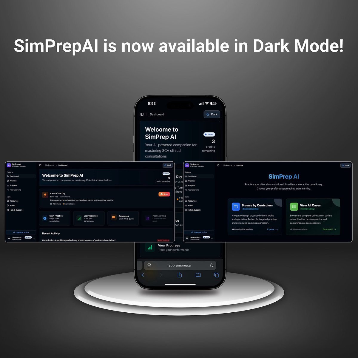 SimprepAI's tweet image. You asked, we answered!

SimPrepAI now has Dark Mode! 
Prep for your SCA exam in a sleek, eye-friendly interface that’s perfect for long study sessions.
Try it now: simprep.ai

#simprepai #SCAExams #HealthcareTech #HealthcareTraining