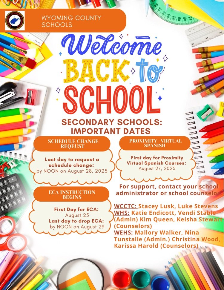Attention secondary students! Mark your calendars for these important upcoming dates—don’t miss a thing! We look forward to seeing you on August 22! #ShowcaseWyCoSchools