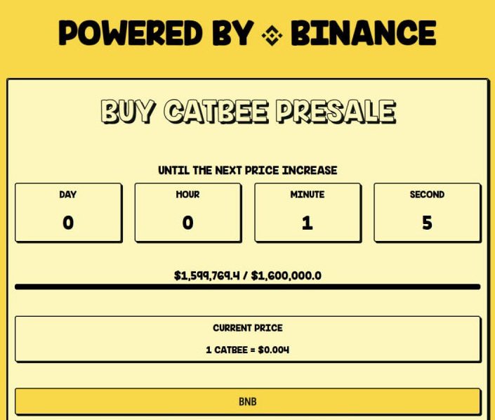 CatbeeX's tweet image. 🎉 Congratulations , Phase 1 of CATBEE Presale is officially FILLED! 🚀

#CATBEE #Bigwin #milliondollar #Crypto #Gem #BNB #BSCGems #Memecoin #Ai