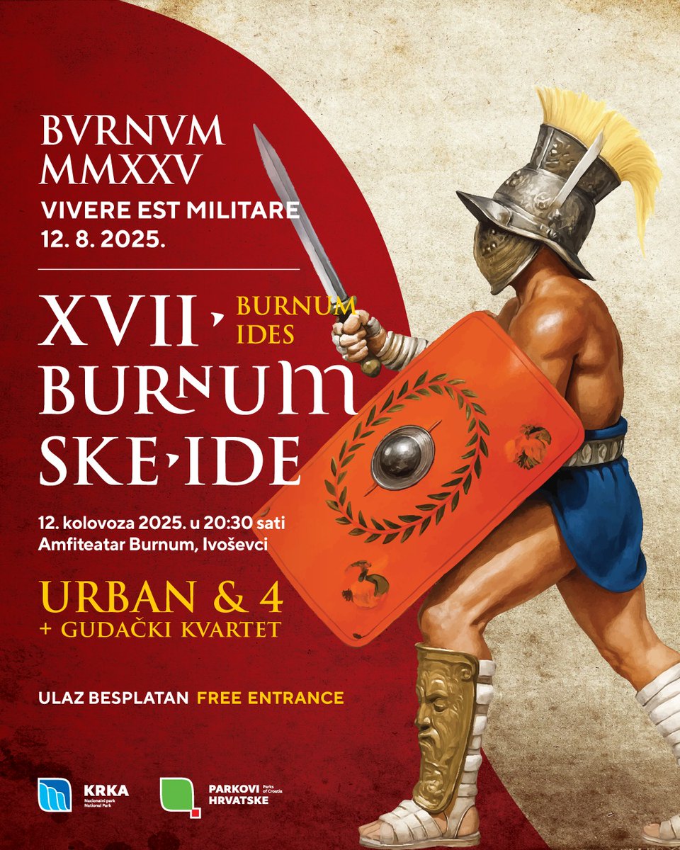 🎭⚔️🎶 Tonight 8:30 PM in Burnum – XVII Burnum ides!
Free entry &amp; parking 🚗
Experience Roman soldiers, the play The Heart Is Mightier Than the Sword, and a starry-night concert with Urban &amp; 4! 🌟
#KrkaNationalPark #BurnumIdes