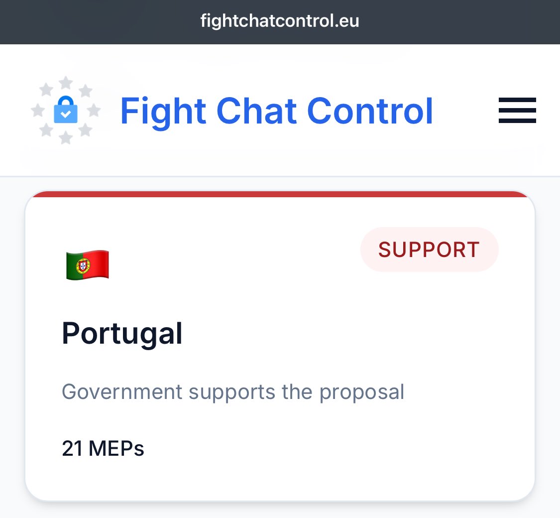 Portugal apoia o Chat control com 21 eurodeputados a favor. Partilhem massivamente…

Podem ir à página fightchatcontrol.eu/#contact-tool e contactar os MEP portugueses e expressar as vossas preocupações.