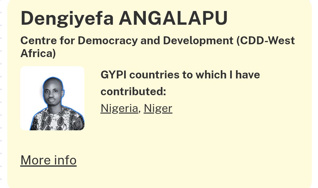 Greatdengis's tweet photo. I contributed data for Nigeria and Niger to the Global Youth Participation Index.
One question kept ringing in my mind: If we do not even have the data about youth in politics, how do we include them?
Explore the findings 👉 https://t.co/okh0wfOOBK
#YouthDay #GYPI https://t.co/TqXZDVT4mU