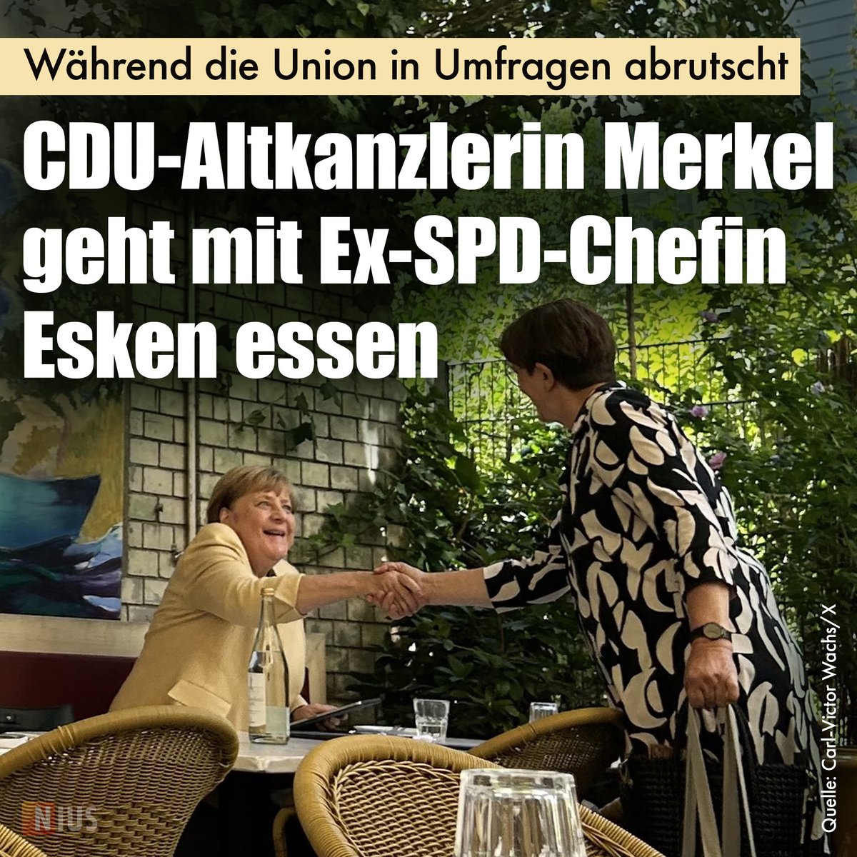 Die Ex-Kanzlerin und „Mutti“ Angela Merkel (CDU) wurde mit der Ex-SPD-Chefin Saskia Esken beim Essen gesichtet. nius.de/nachrichten/ne…