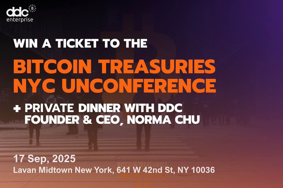 ddcbtc_'s tweet image. 🚨TICKETS GIVEAWAY 🚨

8 winners. 1 unforgettable day at the Bitcoin Treasuries NYC Unconference — Sep 17.

Cap it off with a private dinner with @ddcnorma 🍽️

To Enter ❤️ Like | 🔁 RT | 💬 Comment | 👤 Follow

Closes by Aug 18, 12PM EST