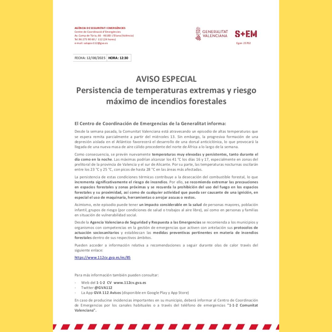 🔥El Centre de Coordinació d'Emergències ha emés un avís especial per la persistència de temperatures extremes i risc màxim d'incendis forestals

⚠️Es recomana extremar les precaucions

📲 En cas d'emergència o si veus fum o foc, telefona 👉 1•1•2