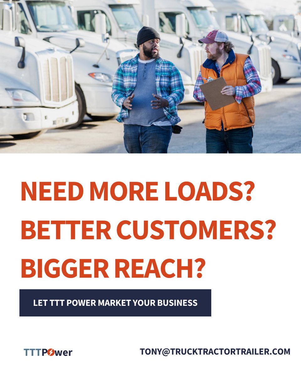 TTTExchange's tweet photo. π£ Need more loads? Want better customers? Ready to level up your brand?
TTT POWER is your marketing muscle πͺ
We help truckers, dealers & fleets get noticed in the RIGHT places β and get more business.
π 844-888-6775
π§ tony@trucktractortrailer.com
#tttpower https://t.co/hDalfXytKZ
