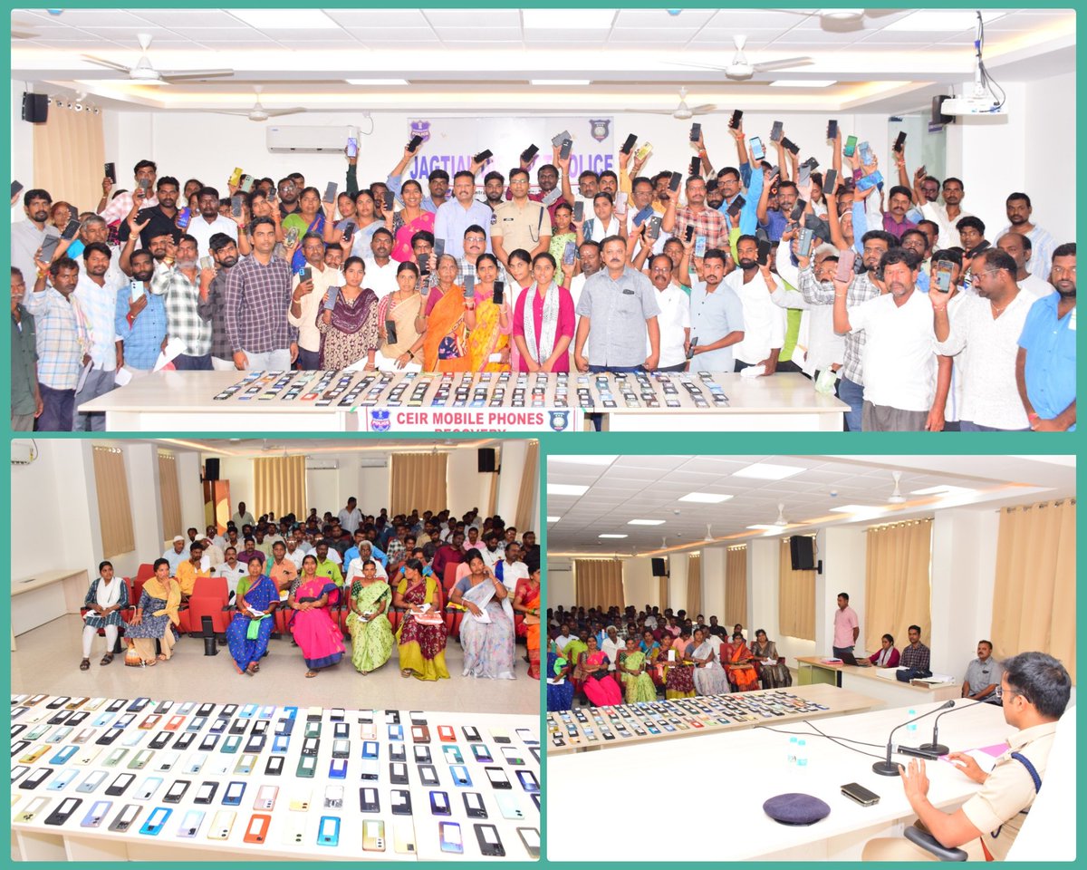 SpJagtial's tweet photo. Today, 144 mobiles, worth Rs.27 L, were handed over to their rightful owners, which were recovered through #CEIR_portal and asked them to, don't purchase the mobiles without proper verification.
Advised them, to be aware of #Cybercrimes like #Digital_Arrest and #OTP_Scams. https://t.co/64KhWomXDd