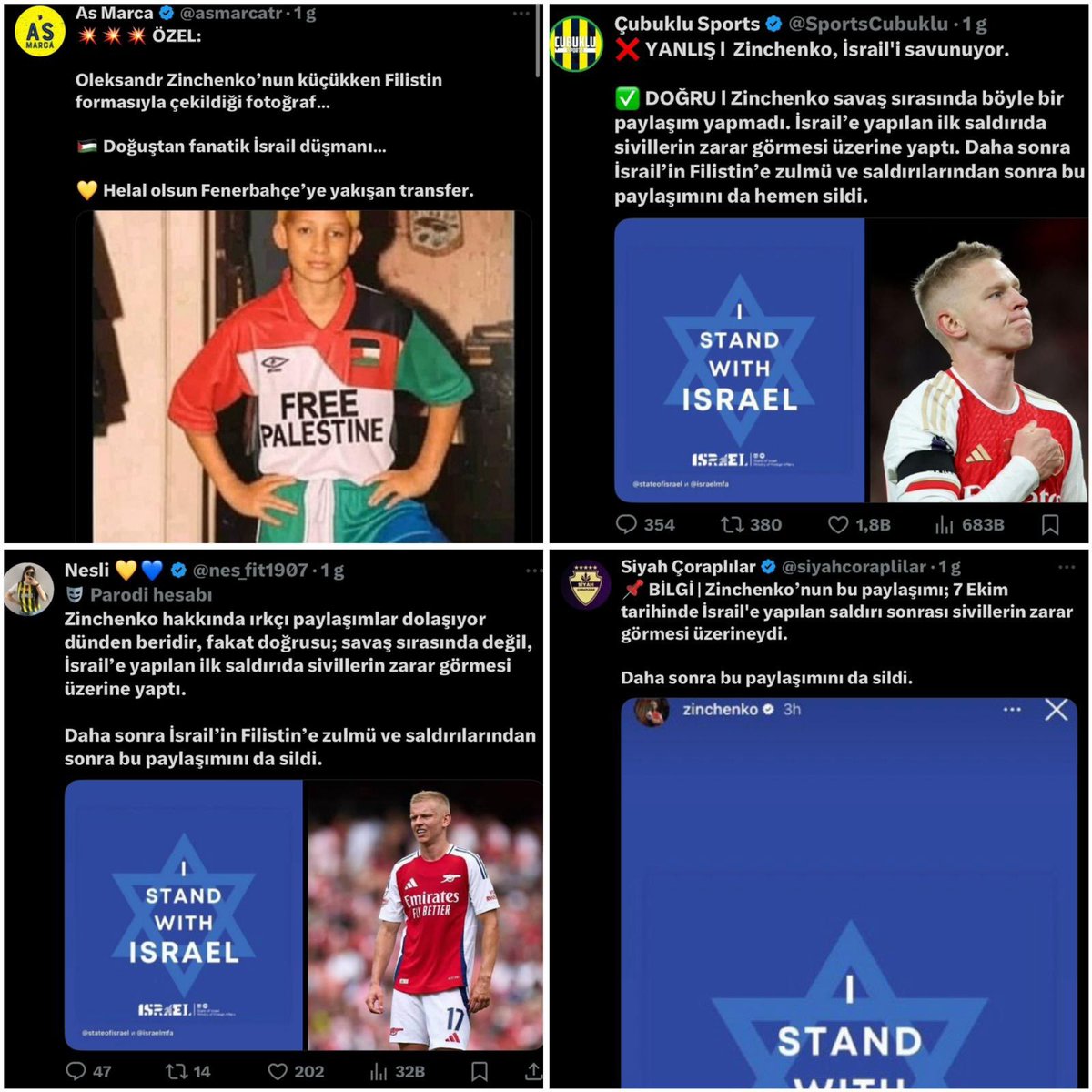 Zinchenko ile sözleşme imzalamaya hazırlanan Fenerbahçe yönetimi, Fenerbahçeli fenomen hesaplara Zinchenko’nun İsrail’i destekleyen paylaşımlarını aklamaları için talimat verdi.