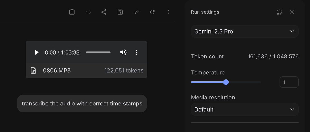 YourAiWorkflow's tweet image. Google AI Studio SLAPS! 🤯Just transcribed my 1-hour audio for a course coming up this week ( with correct timestamps) 👇

Go to Chat -&amp;gt; Choose Gemini 2.5 Pro -&amp;gt; Drop your audio and give instructions. 

Cancel your paid ai transcription  tools. 😉